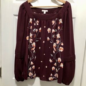 LC Lauren Conrad Burgundy Pink Floral Square Neck Pintuck Pleats Long Sleeve XL